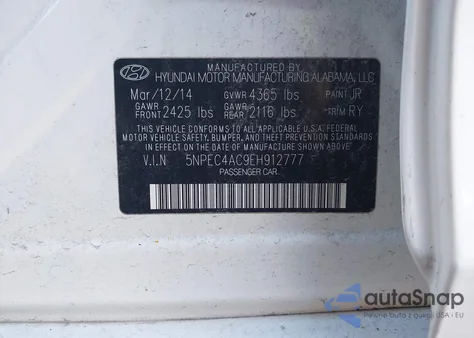 2014 Hyundai Sonata Se z USA, uszkodzony, nr VIN 5NPEC4AC9EH912777